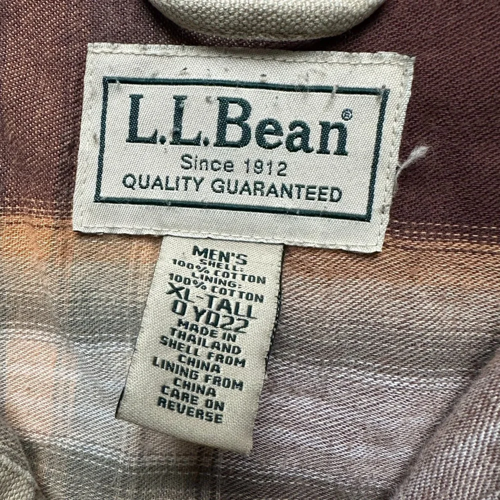 LL Bean Mens XL Tall Khaki Canvas Flannel Lined Shirt Jacket Plaid Heavy Cotton